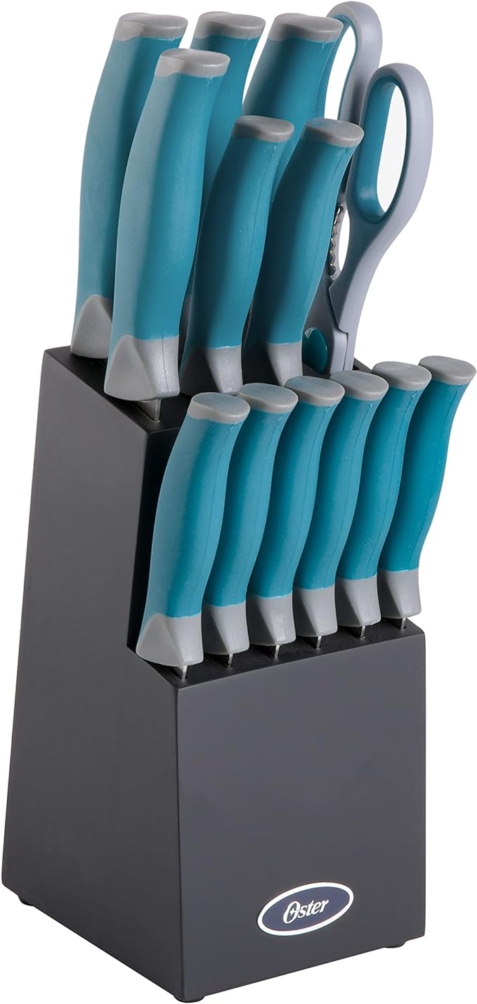 Oster Lindbergh 14 Piece Stainless Steel Cutlery Set Black Block, Teal Handles,Teal/Black