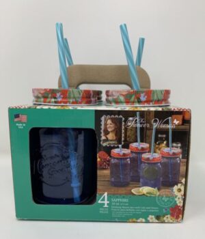 Pioneer Woman Sapphire Mason Jar 16oz Glasses with Lids and Straws Set of 4