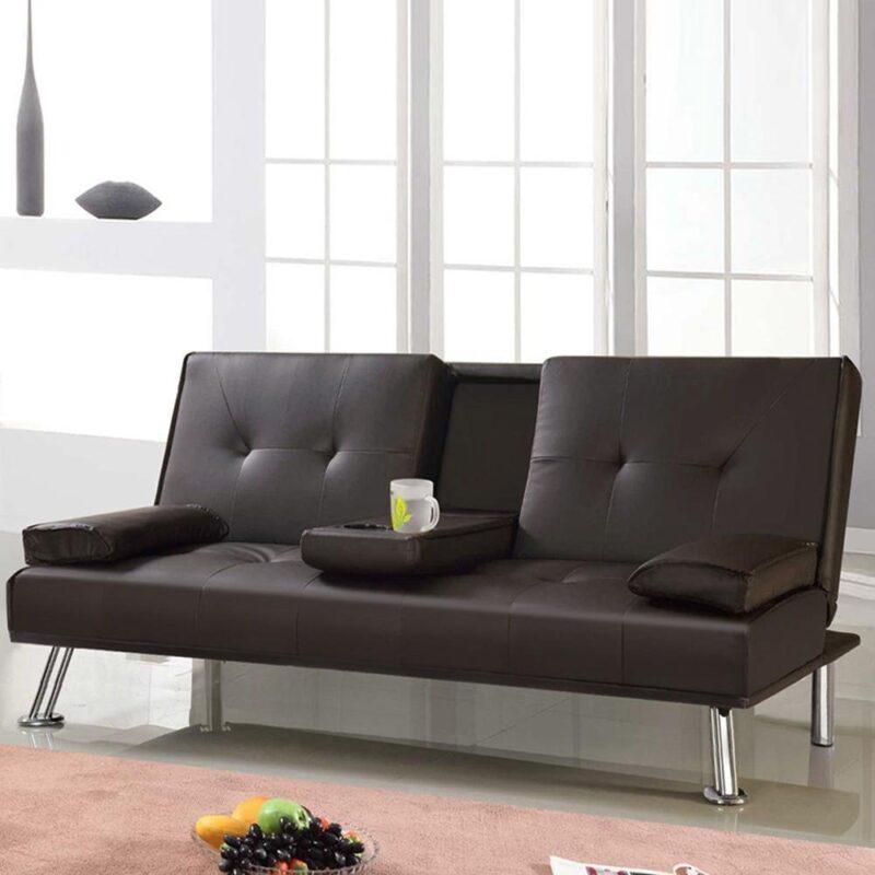 Leather Sofa 2 Seater Couch Bed (Brown)