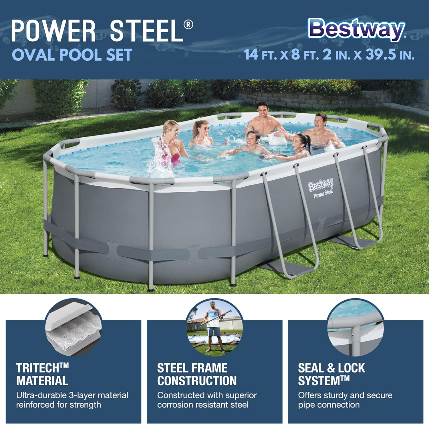 Bestway Power Steel 14' x 8'2" x 39.5" Oval Above Ground Pool Set | Includes 530gal Filter Pump, Ladder - Image 2