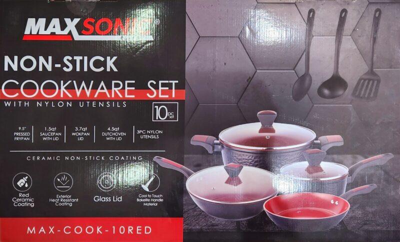 Maxsonic Non-Stick Cookware Set with 3 Nylon Utensils - 10Pc, Red