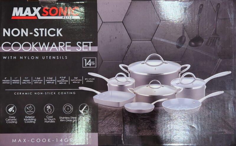 Maxsonic Non-Stick Cookware Set with 3 Nylon Utensils - 14Pc, Grey