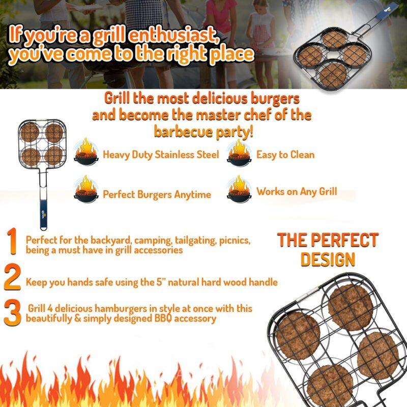 Corona BBQ Hamburger Grill Basket with Locking Grill Handle (Grill 4 Burgers At Once) - Image 2